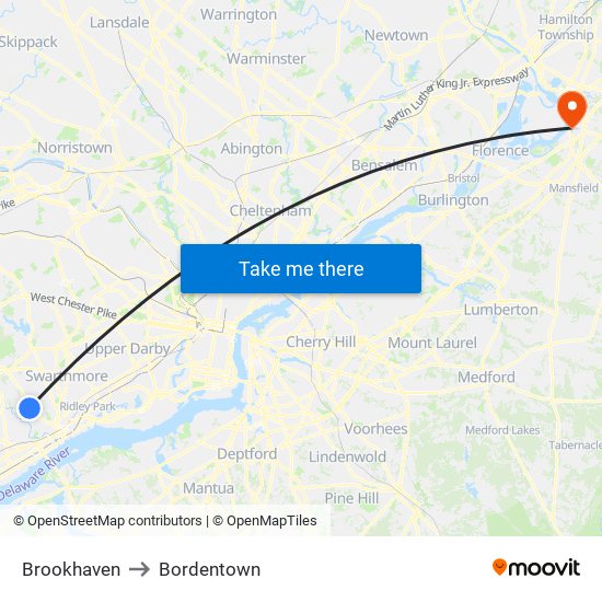 Brookhaven to Bordentown map