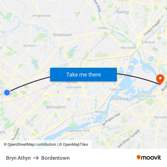 Bryn Athyn to Bordentown map