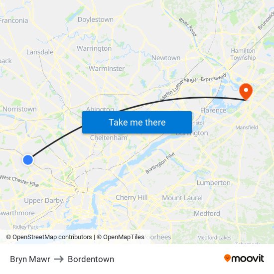 Bryn Mawr to Bordentown map