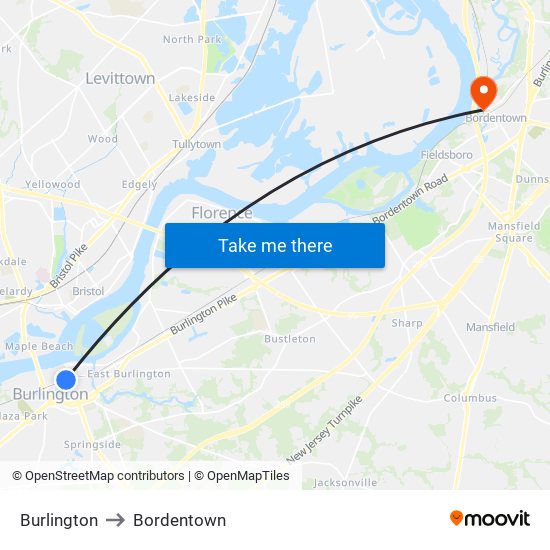 Burlington to Bordentown map