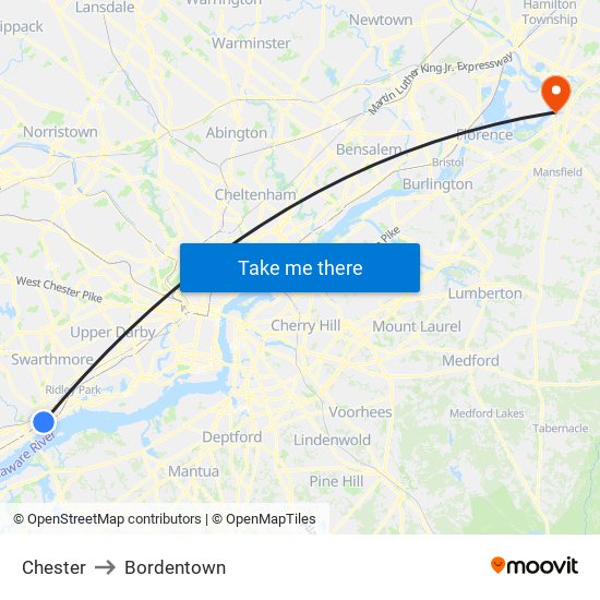 Chester to Bordentown map