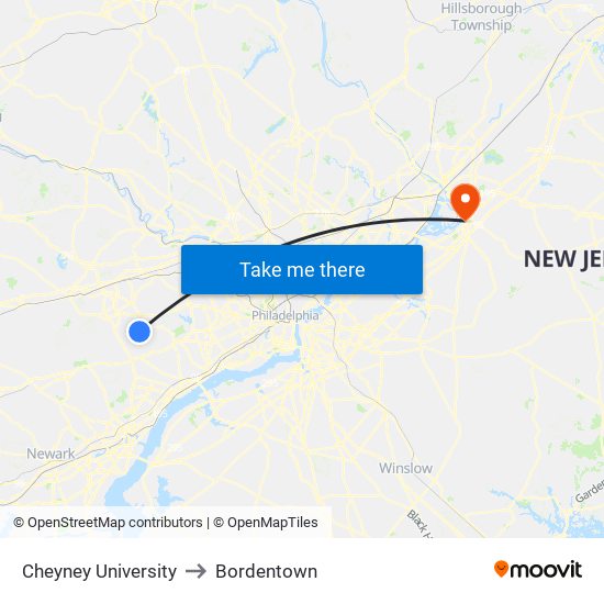 Cheyney University to Bordentown map