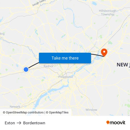 Exton to Bordentown map