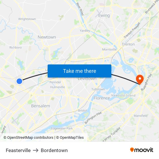 Feasterville to Bordentown map