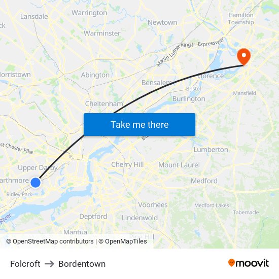 Folcroft to Bordentown map