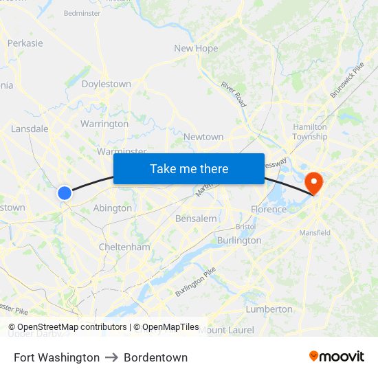 Fort Washington to Bordentown map