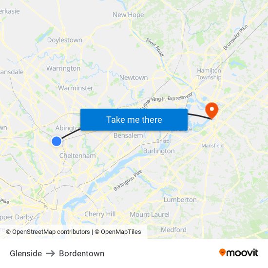 Glenside to Bordentown map