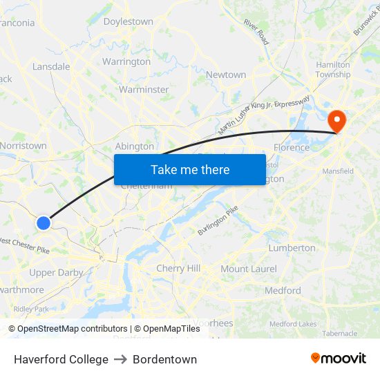 Haverford College to Bordentown map