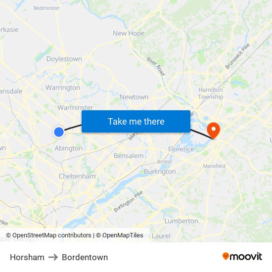 Horsham to Bordentown map