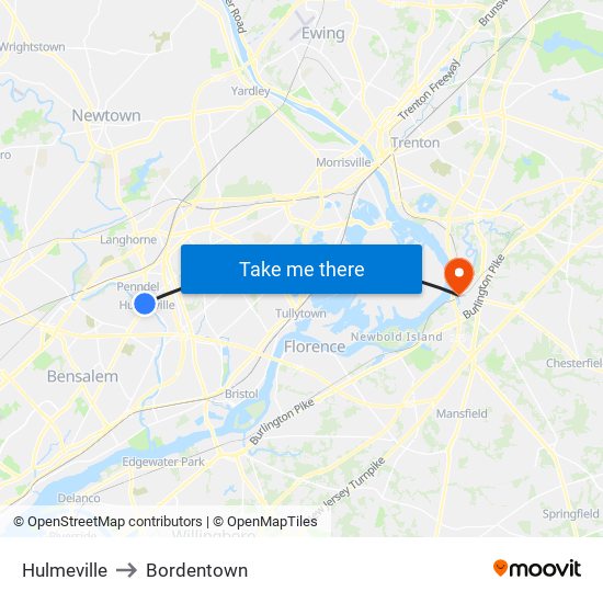 Hulmeville to Bordentown map