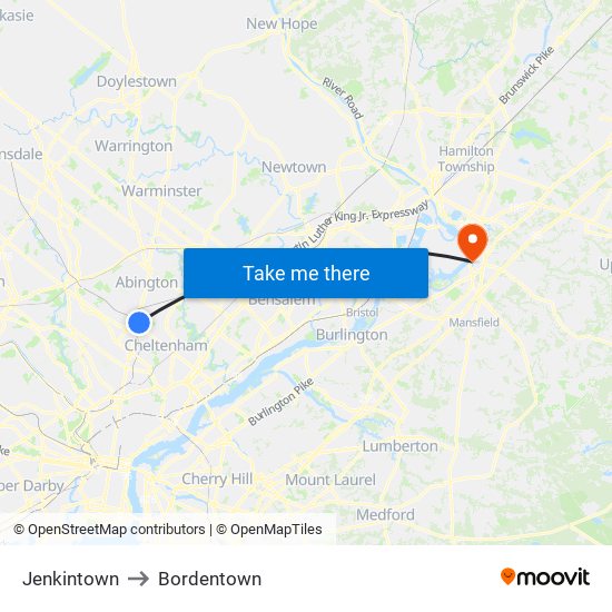 Jenkintown to Bordentown map