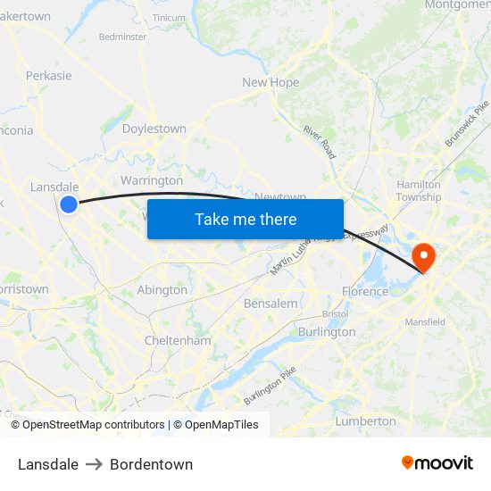 Lansdale to Bordentown map