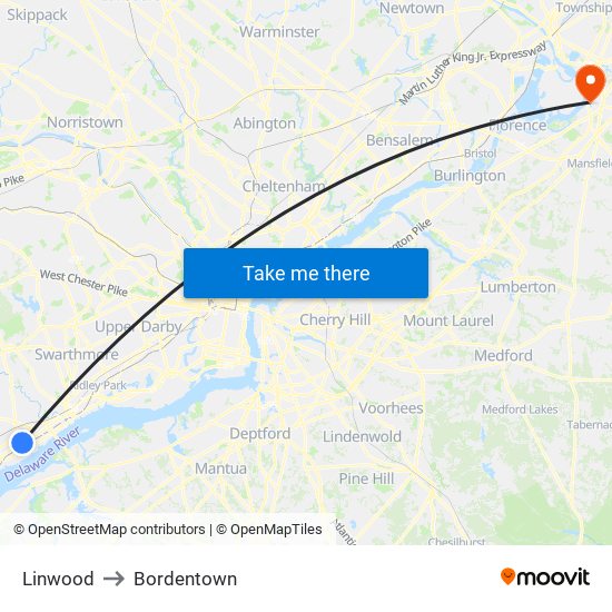 Linwood to Bordentown map