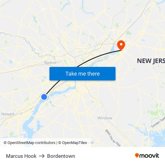 Marcus Hook to Bordentown map