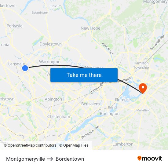 Montgomeryville to Bordentown map