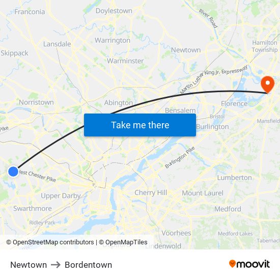 Newtown to Bordentown map