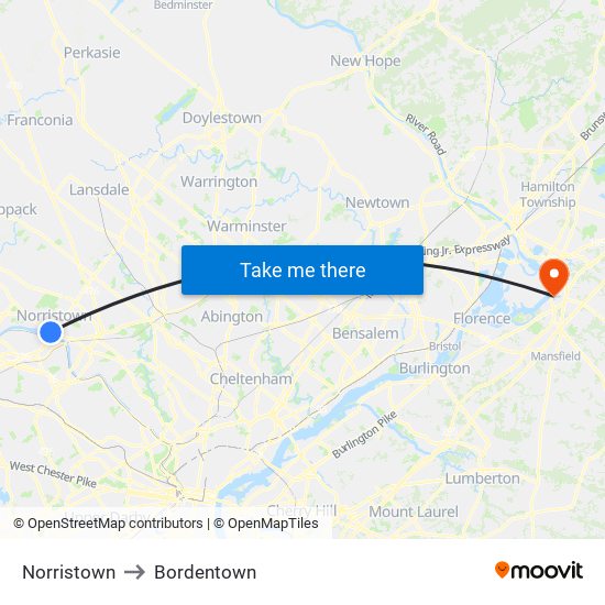 Norristown to Bordentown map