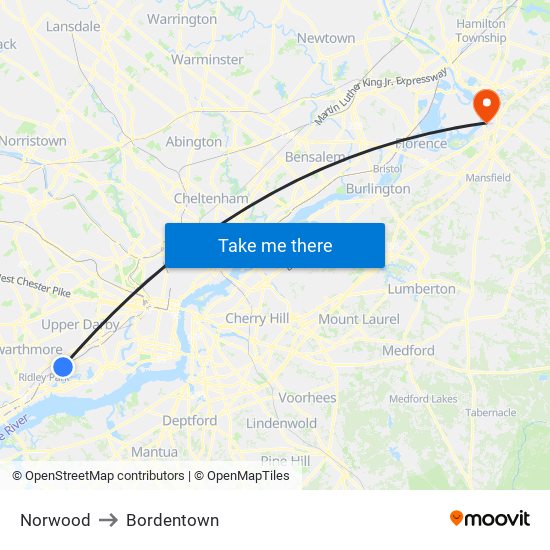 Norwood to Bordentown map