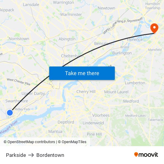 Parkside to Bordentown map