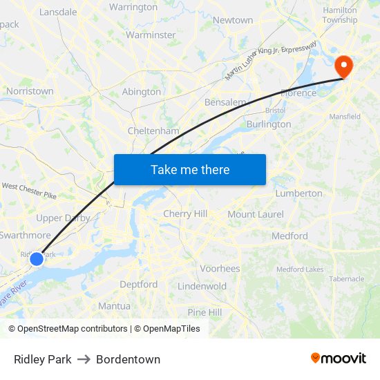 Ridley Park to Bordentown map