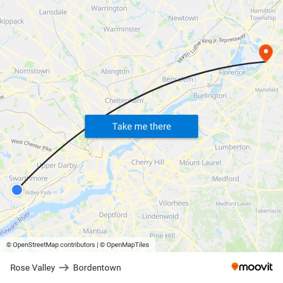 Rose Valley to Bordentown map