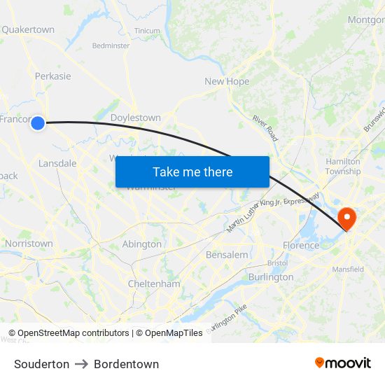 Souderton to Bordentown map