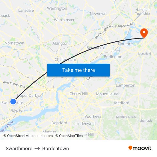 Swarthmore to Bordentown map