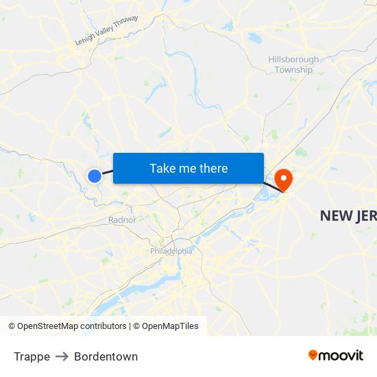 Trappe to Bordentown map