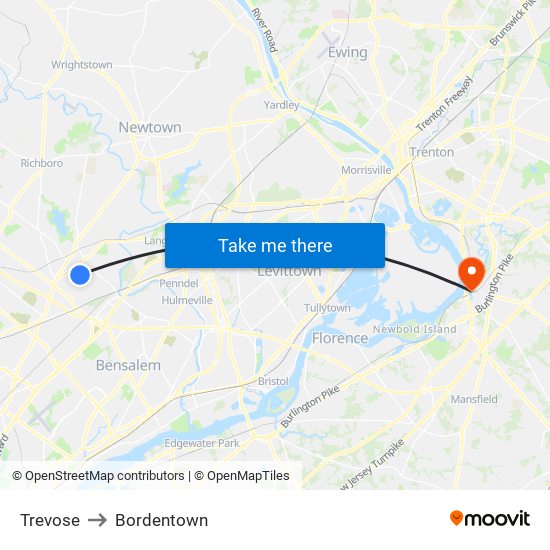 Trevose to Bordentown map