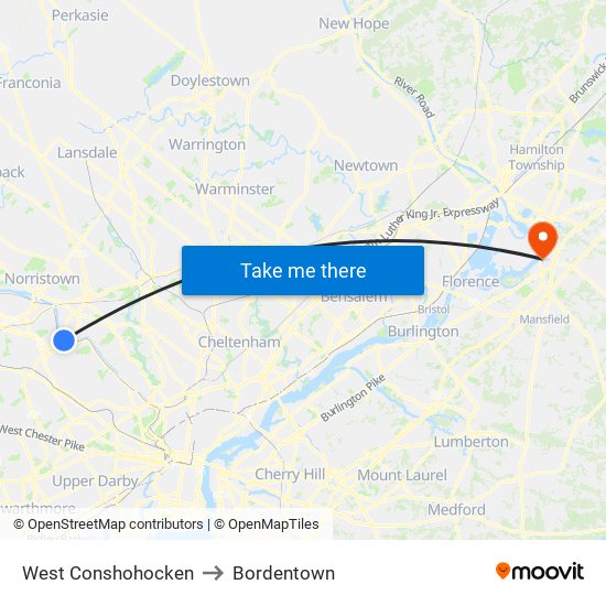 West Conshohocken to Bordentown map