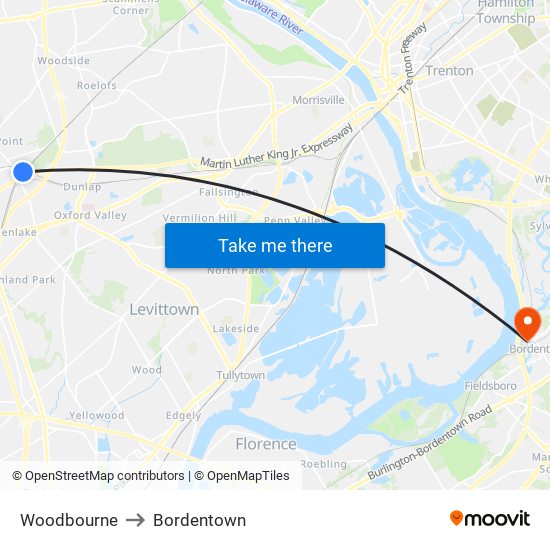 Woodbourne to Bordentown map