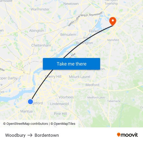 Woodbury to Bordentown map