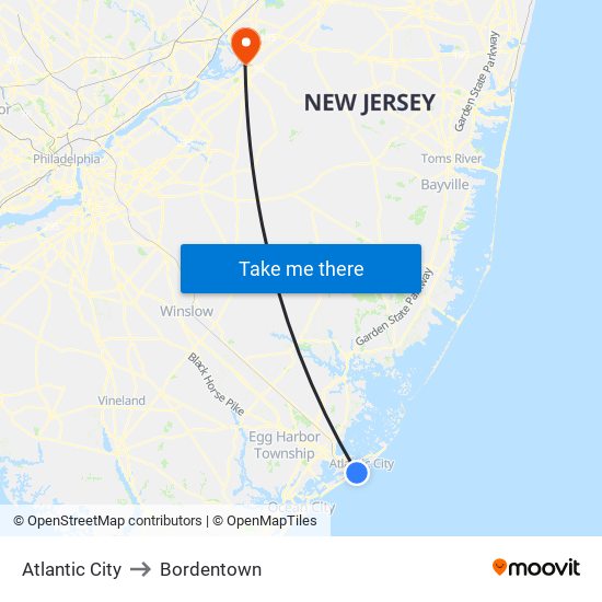 Atlantic City to Bordentown map