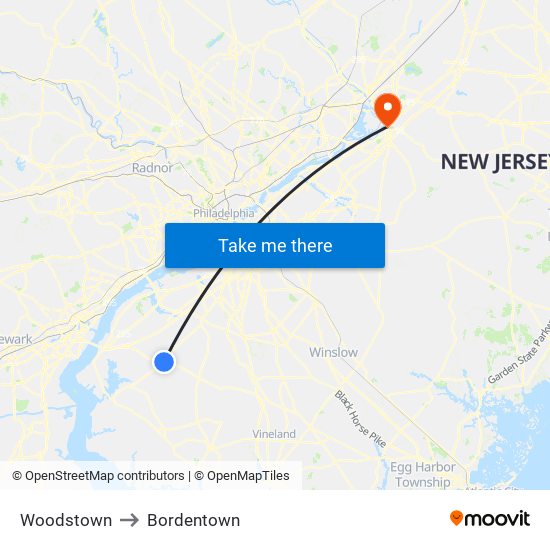 Woodstown to Bordentown map