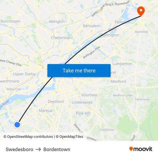 Swedesboro to Bordentown map