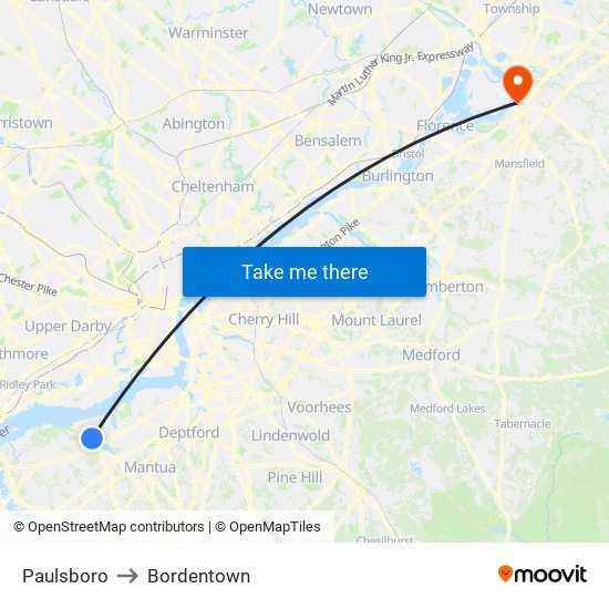 Paulsboro to Bordentown map