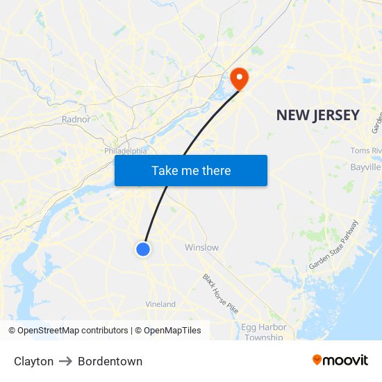 Clayton to Bordentown map