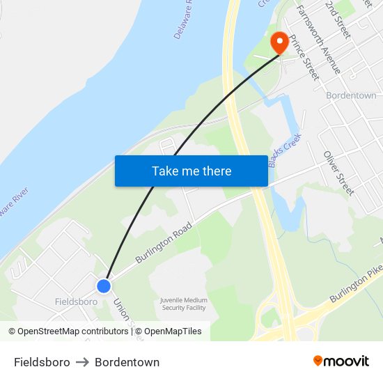 Fieldsboro to Bordentown map