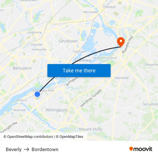 Beverly to Bordentown map