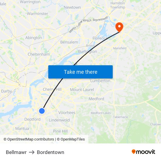 Bellmawr to Bordentown map