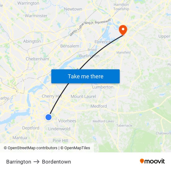 Barrington to Bordentown map