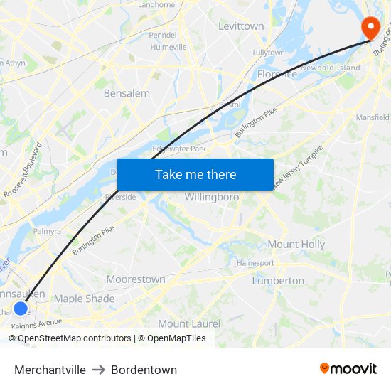 Merchantville to Bordentown map