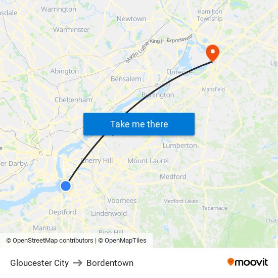 Gloucester City to Bordentown map