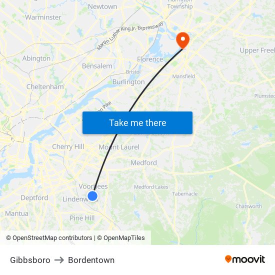 Gibbsboro to Bordentown map