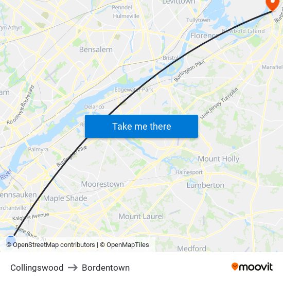 Collingswood to Bordentown map