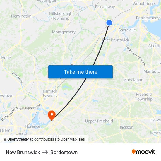 New Brunswick to Bordentown map