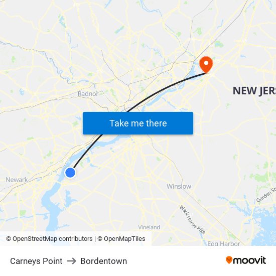 Carneys Point to Bordentown map