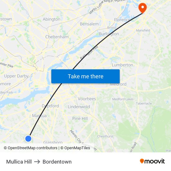 Mullica Hill to Bordentown map