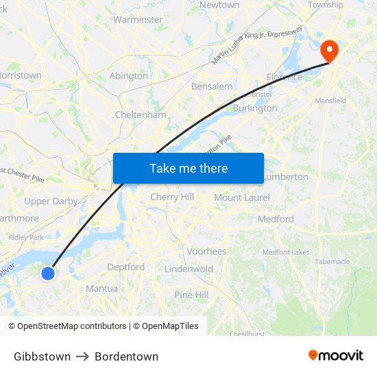 Gibbstown to Bordentown map
