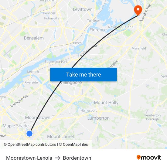 Moorestown-Lenola to Bordentown map